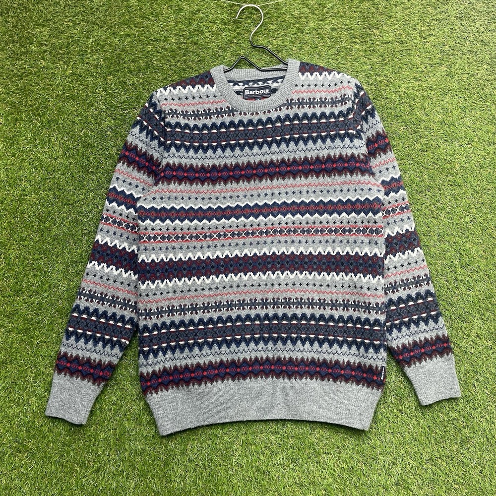 Barbour Wool Sweater Mens Small Fair Isle Crew Neck Pullover Knit Tartan 90s